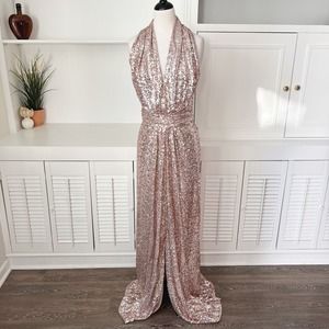 Badgley Mischka Rose Gold Sequin Halter Maxi Gown Size 10